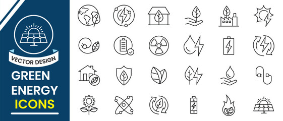 Green energy icon set. Collection of renewable energy, ecology, green line energy and green electricity icons. Vector illustration