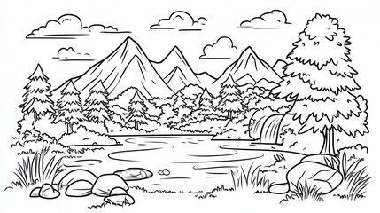 Mountain lake waterfall nature scene coloring page illustration