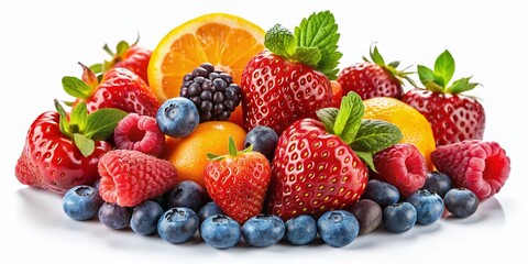 Obraz premium Vibrant Fresh Fruit Assortment: Strawberries, Blueberries, Raspberries, and Oranges Isolated on White Background