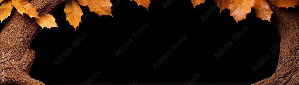 Poster autumn branch frame: a rustic autumnal frame formed by branches adorned with vibrant orange leaves, 