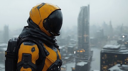 Astronaut in Yellow Suit Overlooking Futuristic Cityscape