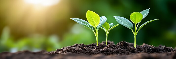 Three small green plants are growing in the dirt
