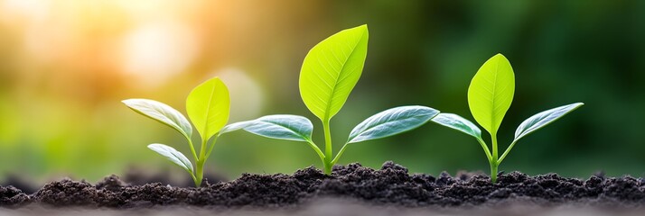 Three small green plants are growing in the dirt