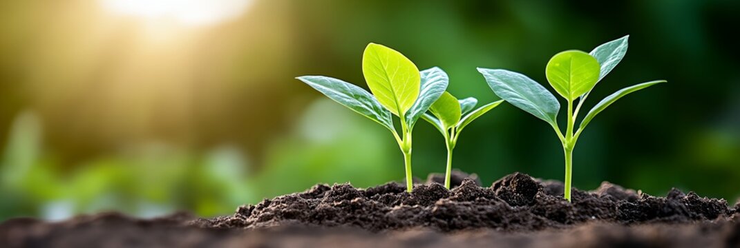 Three small green plants are growing in the dirt