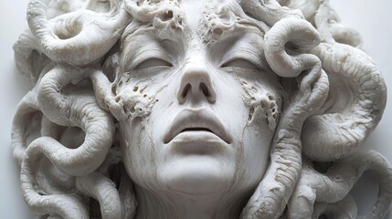 Medusa-inspired sculpture with intricate details on a white background. Generative AI