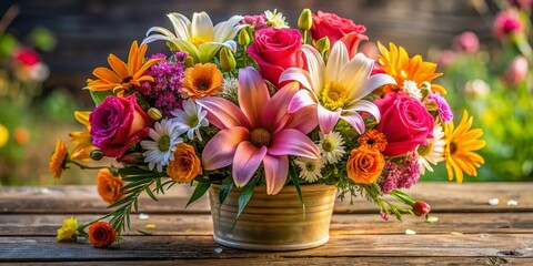 Fototapeta premium Vibrant Garden Flower Bouquet on Rustic Table - Spring Floral Arrangement