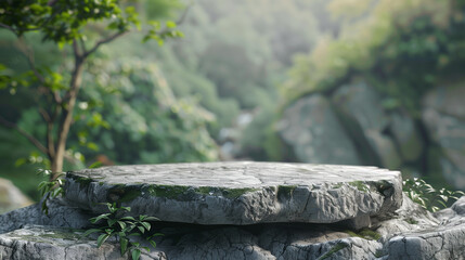 Obraz premium Stone podium in serene forest landscape 