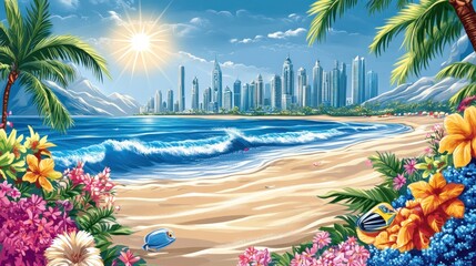 Tropical Beach, City Skyline, Sunny Day, Ocean Waves, Vacation Poster