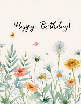 Fototapeta Delicate watercolor wildflowers, dandelions, daisies, butterflies dancing across light beige birthday greeting card