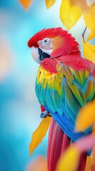 A vibrant parrot perched among colorful leaves, showcasing its striking plumage.