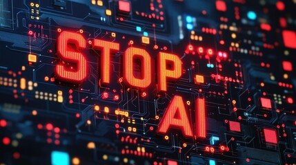 Neon protest signs highlighting 'Stop AI', AI generated