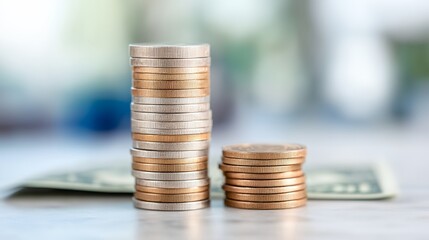 Stack of coins on top of a stack of bills