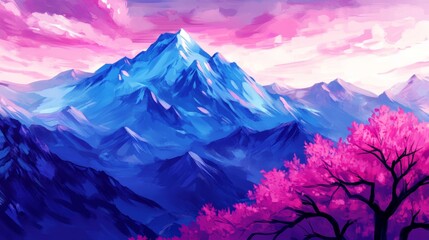 Fototapeta premium Pink Blossom Tree and Blue Majestic Mountain Range
