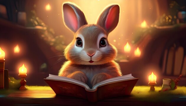 Adorable bunny reading an ancient book by the warm glow of candles, creating a magical and cozy atmosphere in its burrow