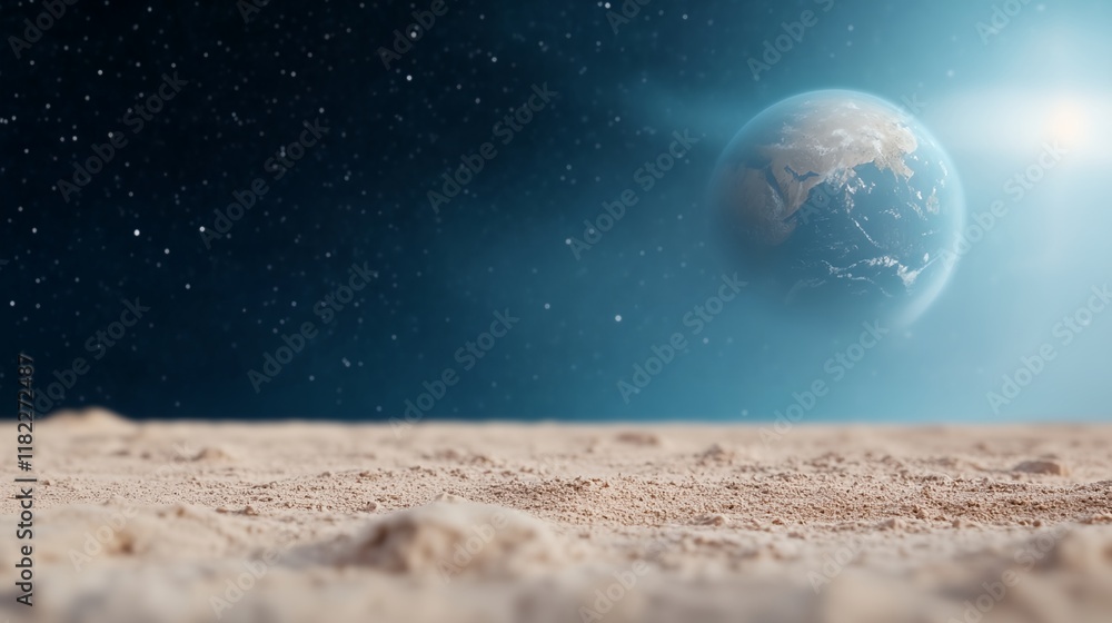 Poster planet is floating in space above a sandy surface