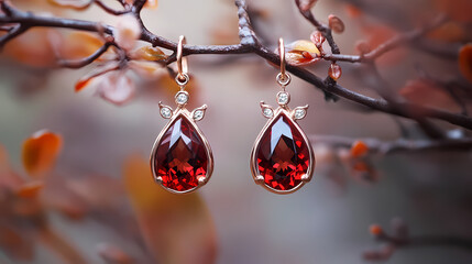 Garnet teardrop earrings framed by rose gold vines and tiny leaves. Stardrop. Illustration