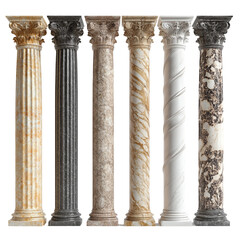 Naklejka premium Collection of six elegant marble columns, showcasing diverse textures and colors, ideal for architectural designs or interior decor.