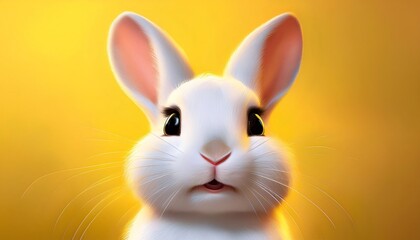 Cute white rabbit with big eyes and long whiskers on a bright yellow background, perfect for Easter or animal themes
