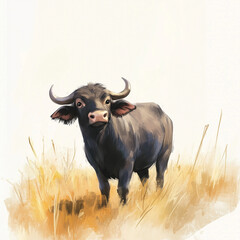 Illustration of the Water Buffalo, soft watercolor tones, white background, detailed illustration, cartoonish.