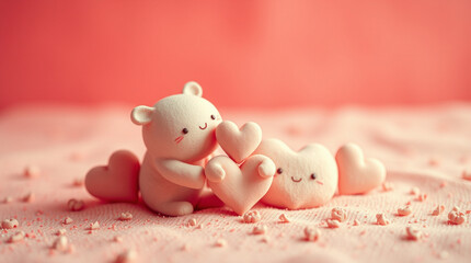 Adorable clay bear and hearts on a pink background. Perfect for Valentine's Day or love-themed projects.