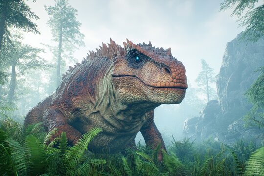 Massive Iguanodon with brown and green scales in forest setting