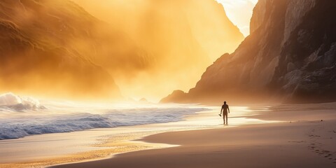 Stunning sunset casts golden light on solitary figure walking along the beach near cliffs in...