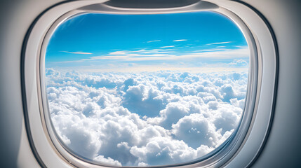 A view of clouds and sky from an airplane window.
