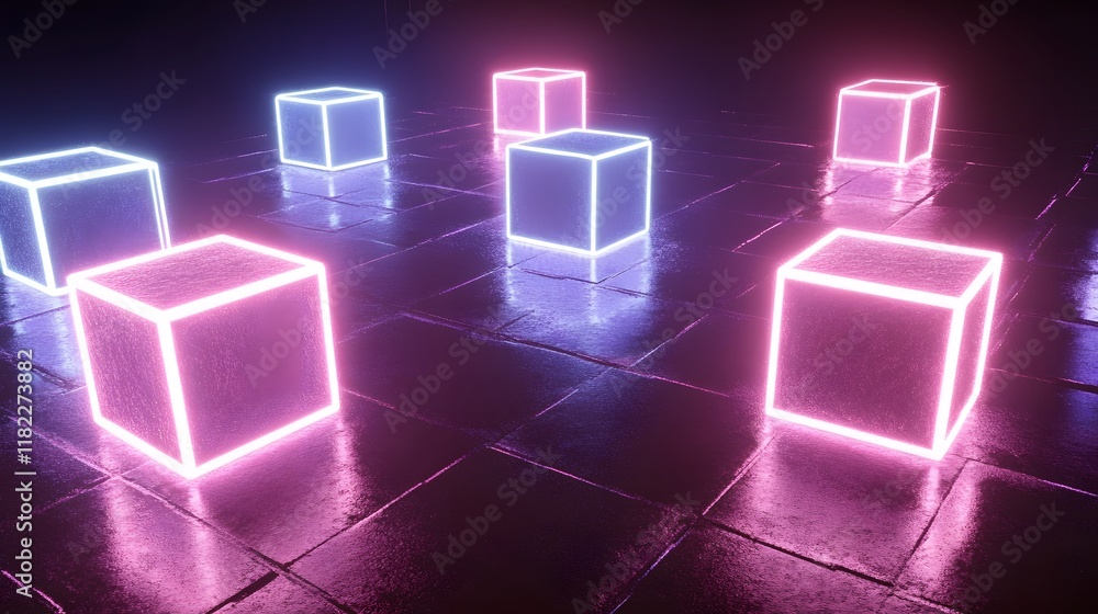 Poster neon light cubes display digital studio 3d rendering futuristic environment low angle modern design 