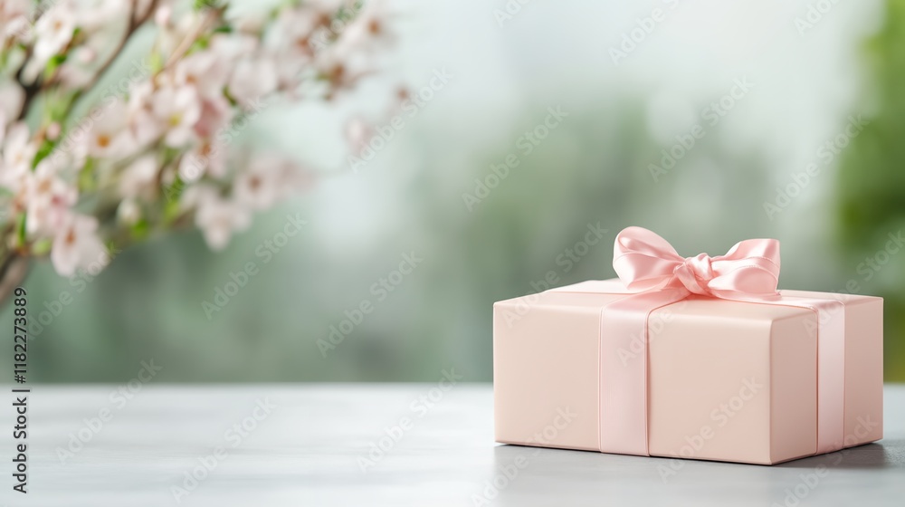 Poster pink box with a bow on top sits on a table in front of a tree