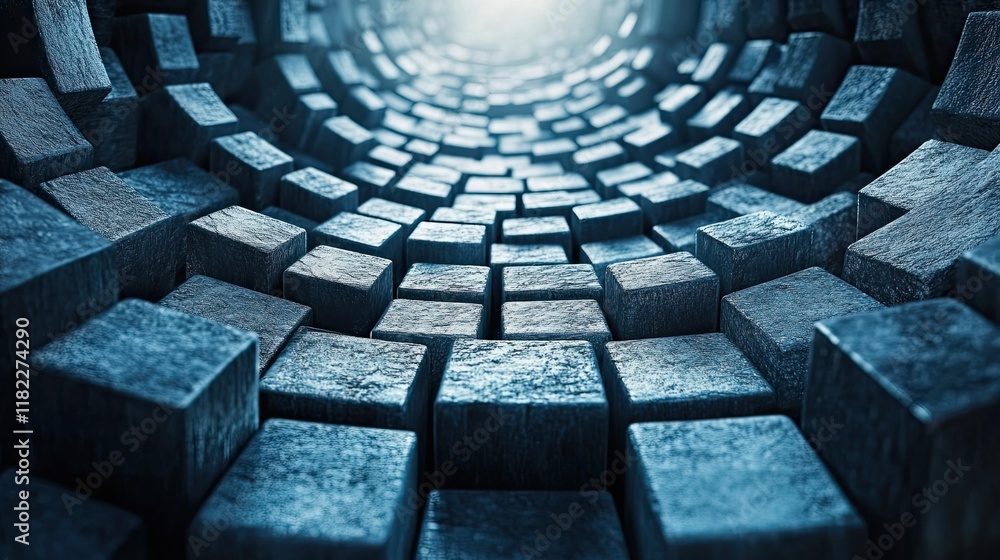 Poster exploring the geometric patterns of a dark tunnel with blue stone blocks and a bright light at the e
