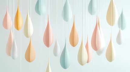 Minimalist pastel 3d teardrop shapes hanging against a white background with copy space. Stardrop. Illustration