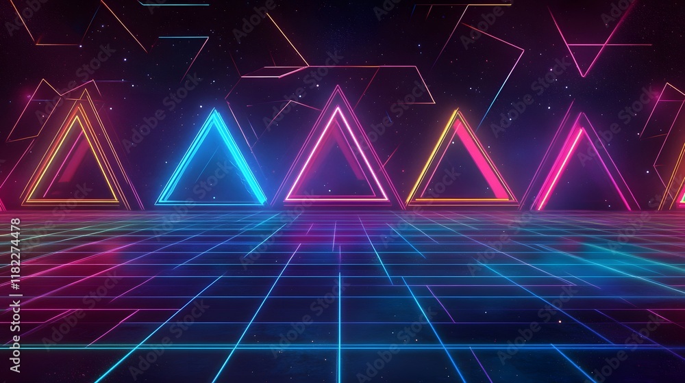Poster dynamic neon triangle animation retro futuristic setting digital art vibrant nightscape abstract des
