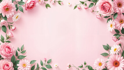 Pink Floral Frame Background with Vibrant Pink Roses and Daisies on a Pastel Pink Backdrop for Romantic Minimalistic Text Space Design
