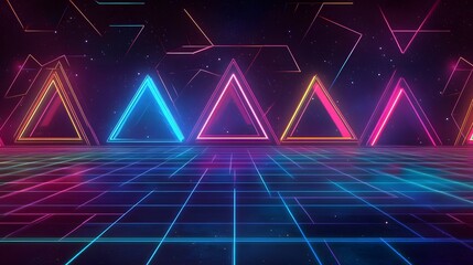 Dynamic neon triangle animation retro futuristic setting digital art vibrant nightscape abstract design concept