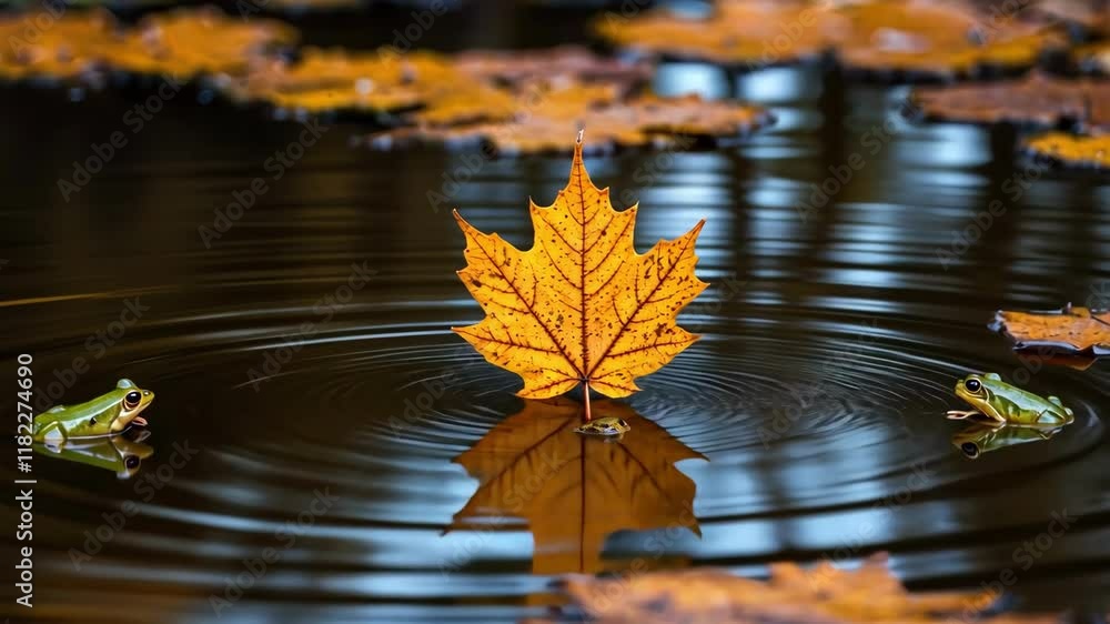 Poster two frogs beside a floating leaf in a tranquil pond, capturing serene autumn reflections with dynami