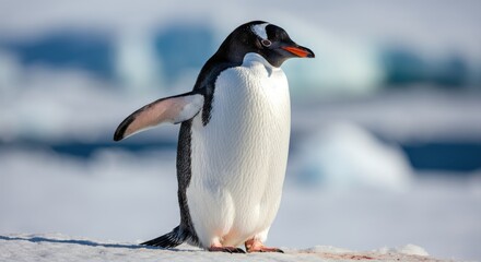 Fototapeta premium Penguin stands on ice, displaying its flippers in cold, snowy environment