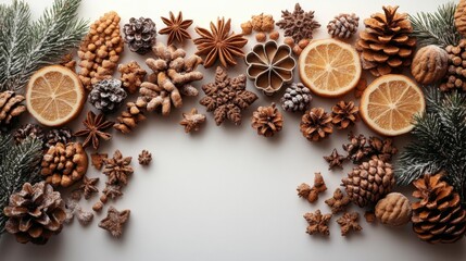 Fototapeta premium Holiday Baking Decoration with Pinecones and Oranges. Generative AI