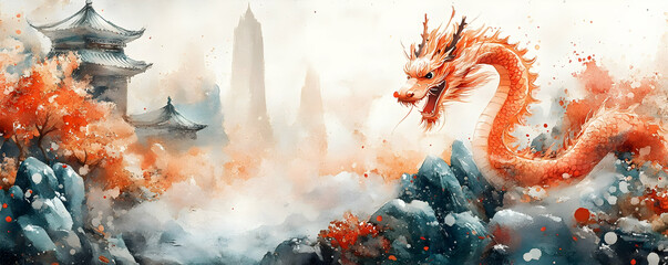 Orange Dragon Amidst Asian Temples, Autumn Mist