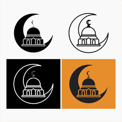 vector graphic design of mosque and crescent moon icon pack, Islamic holidays, worship, Isra' Mi'raj, black background