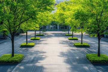 Obraz premium Lush green trees line a serene pathway in an urban area filled with natural light and tranquility