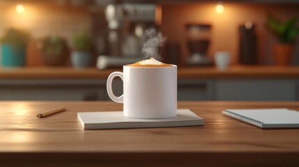 Coffee Mug on a Wooden Counter with Latte Art. Generative AI