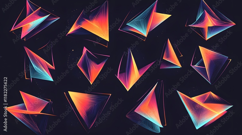 Poster dynamic geometric shapes visualization digital art studio abstract designs dark background vibrant c
