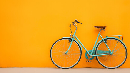 Fototapeta premium A green bicycle is leaning against a yellow wall