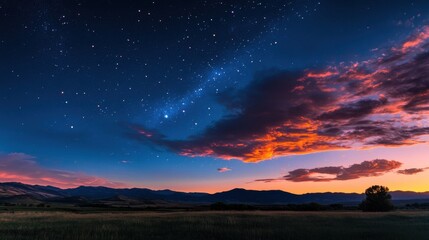 Obraz premium Celestial event ethereal night sky over serene landscape stunning photograph of stars and clouds tranquil atmosphere