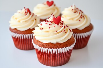 Four cupcakes with red frosting and white frosting with red hearts on top