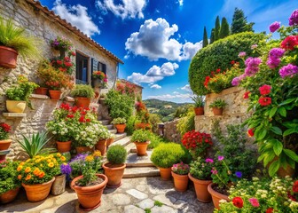 Obraz premium Vibrant Mediterranean Flower Garden in Full Bloom - Sunny Landscape