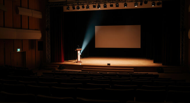Empty auditorium with spotlight on lectern and blank screen stage