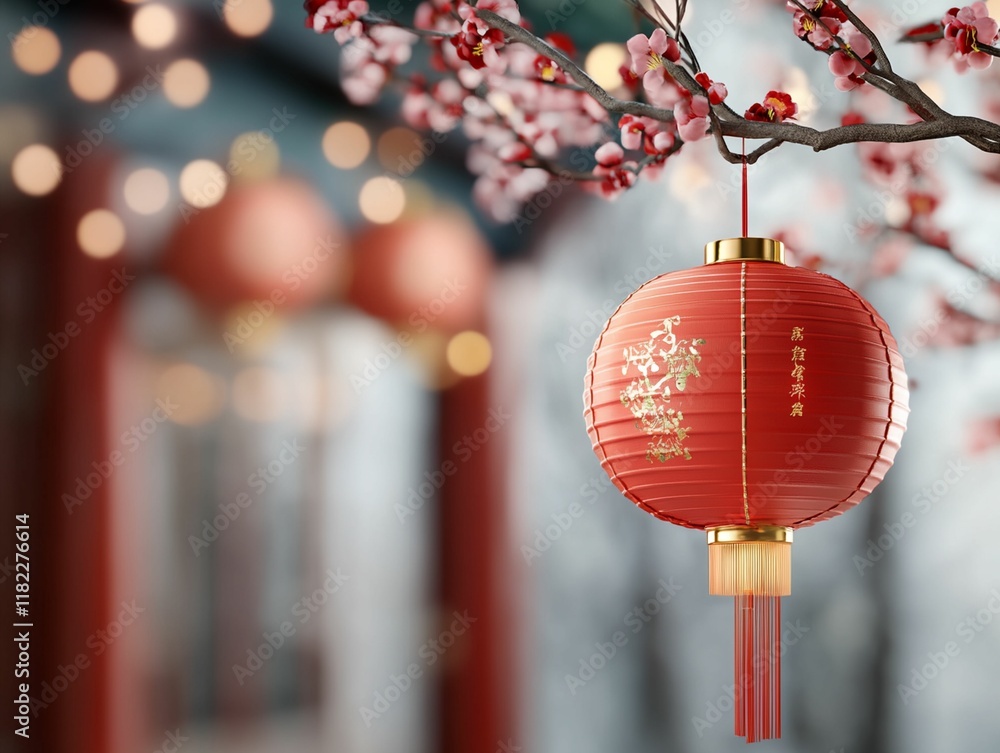 Poster red lantern with chinese characters hanging from a tree