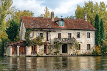 Fototapeta premium Historic riverside house surrounded by greenery in a serene autumn setting