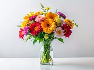 Fototapeta premium Vibrant Multicolored Flower Bouquet, Minimalist White Background Stock Photo